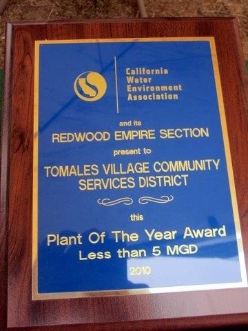 California Water Environment Association's Plant of the Year Award for Tomales Village Community Services District