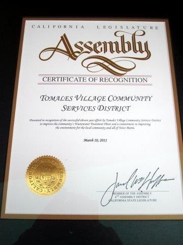 California Legislature Assembly's Certificate of Recognition for Tomales Village Community Services District